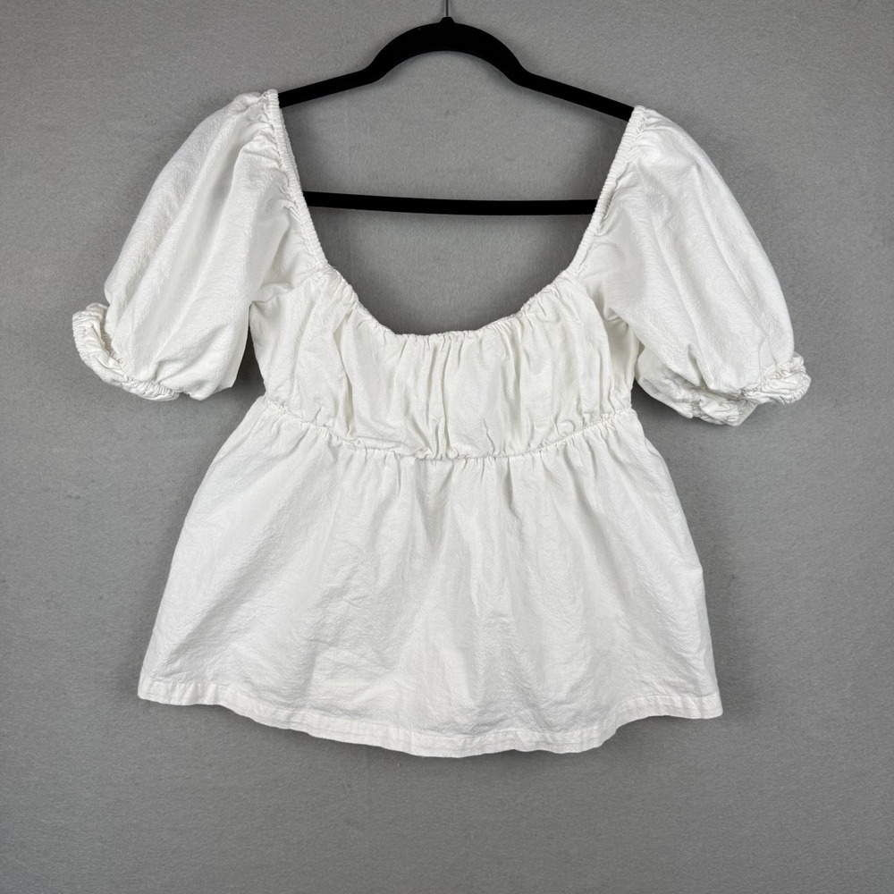 Free People Donnie White Cotton Puff Sleeve Tie Back Milkmaid Peplum Blouse XS